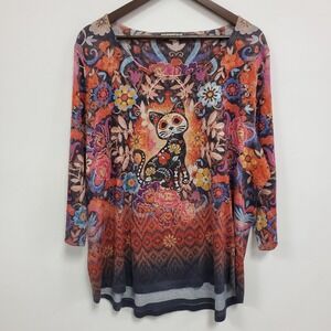 Energe Womens World Wear Cat Top Size 2X Multicolor‎ Halloween Cinco De Mayo